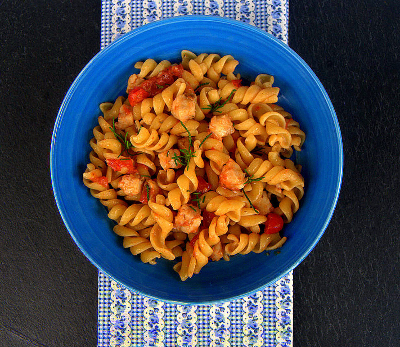 Pasta Armando Fusilli with baby tomatoes, cod and olive herb