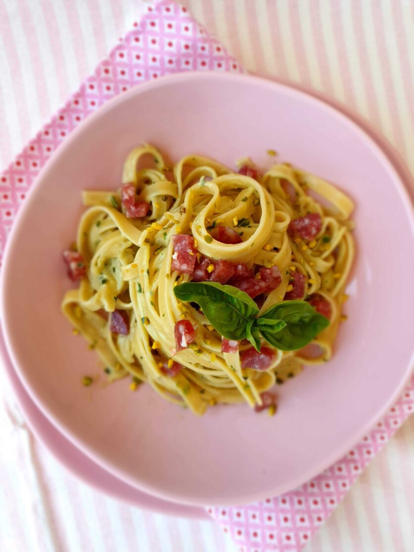 Rezept Linguine Pasta Armando Sahne Bohnen Basilikum Salami Pistazien Kucina di Kiara 3