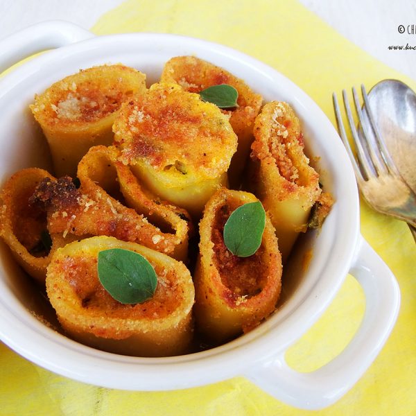 Paccheri gratiniert mit Zucchini-Omelett und getrockneten Kirschtomaten